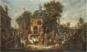 An Outdoor Scene With Villagers Joyously Revelling Outside The Wild Swan Tavern by Egbert Jaspersz. van, the Elder Heemskerck