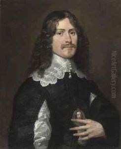 Portrait Of A Gentleman, 
Half-length, In A Black Slashed Doubletand White Lace Collar, A 
Miniature In His Left Hand