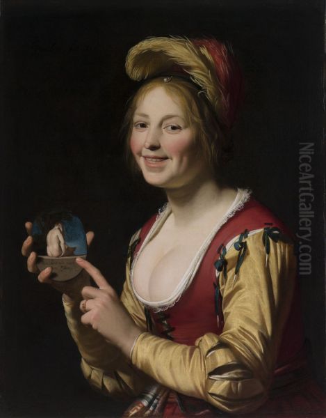 A Smiling Girl, A Courtesan, Holding An Obscene Image - view 1