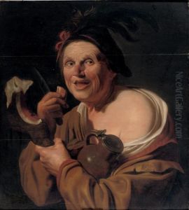 A Man Eating A Slice Of Ham And Holding A Jug