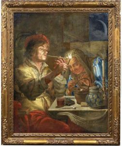 Junger Pfeifenraucher Bei Kerzenschein In Gesellschaft Einer Alten Frau by Gerrit Van Honthorst