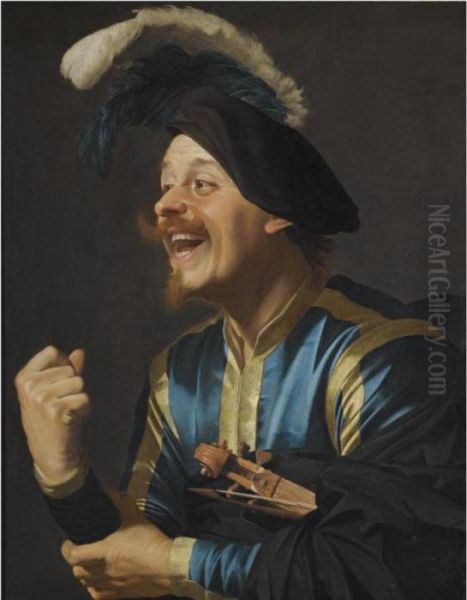 A Laughing Violinist,
Half-length, Wearing A Blue And Yellow Striped Doublet And A Plumed Cap,
With A Violin Tucked Under His Arm - view 1