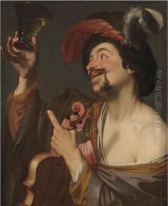 A Merry Violinist Holding A Roemer by Gerrit Van Honthorst