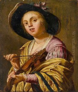 A Young Woman (phyllis) Playing A Violin by Gerrit Van Honthorst