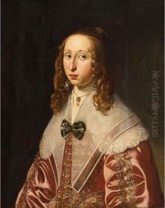 A Portrait Of A Lady, Half
Length, Wearing A Red Satin Embroidered Dress With Lace And Pearl
Jewellery by Gerrit Van Honthorst