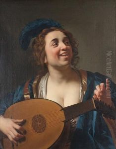 A Woman Tuning A Lute by Gerrit Van Honthorst