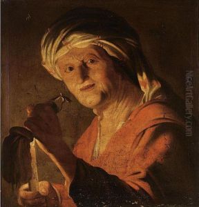 An Old Woman Holding A Candle And An Empty Purse by Gerrit Van Honthorst