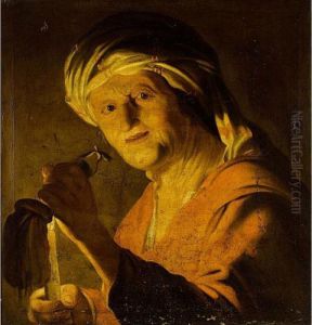 Old Woman Holding A Candle And An Empty Purse by Gerrit Van Honthorst