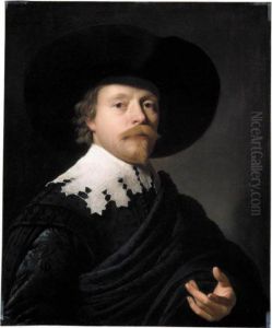 Portrait Of A Gentleman, Bust
Length, Wearing A Black Coat, Cloak And Hat, And A White Ruff by Gerrit Van Honthorst