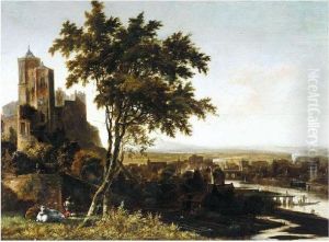 A Landscape With A Drover And His Cows Overlooking A Riverside Town