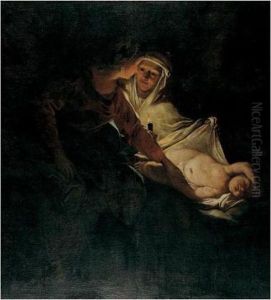 A Woman And Her Maidservant With A Sleeping Child By Candlelight by Gerrit Van Honthorst