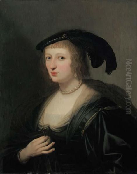 Portrait Of Ursula Van Solms,
Half-length, In A Black Dress Andfeathered Hat, Her Crucifix In Her
Right Hand - view 1