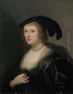 Portrait Of Ursula Van Solms,
Half-length, In A Black Dress Andfeathered Hat, Her Crucifix In Her
Right Hand by Gerrit Van Honthorst