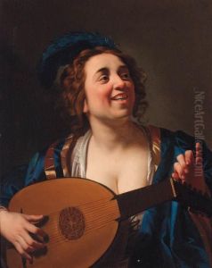 A Woman Playing The Lute by Gerrit Van Honthorst