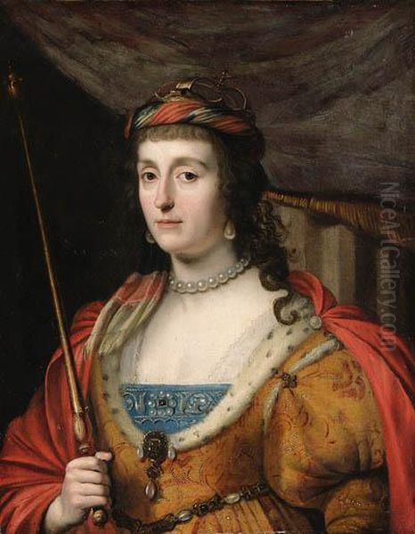 Portrait Of Elizabeth, Queen Of
Bohemia, Half-length, In A Gold-embroidered Dress With Ermine Lining, A
Red Cape And Holding Asceptre - view 1