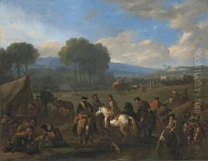 Soldiers And Horsemen Resting In A Military Encampment, In A Woodedvalley by Jan von Huchtenburgh