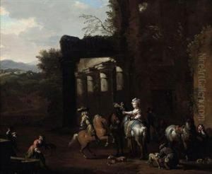 A Hunting Party At Rest Beside Classical Ruins by Jan von Huchtenburgh
