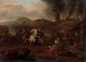 A Cavalry Skirmish, A Burning Village Beyond by Jan von Huchtenburgh