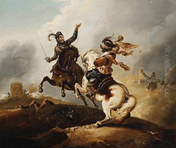 Cavaliers On Horseback; Rearing Horse In A Stable - view 1