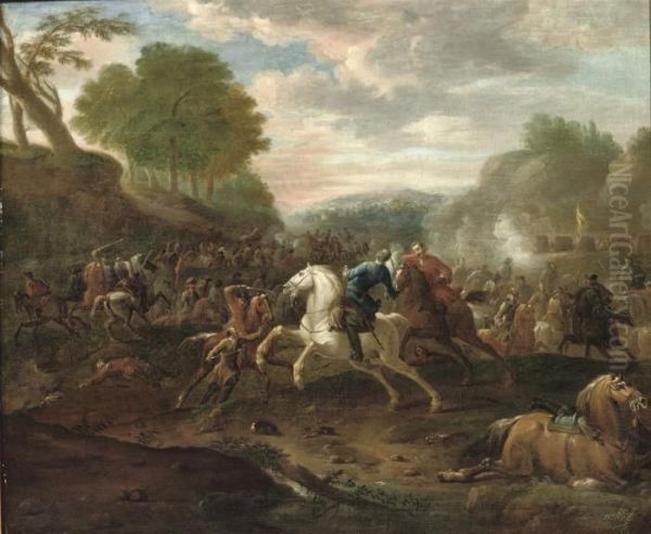 A Cavalry Skirmish In A Hilly Landscape - view 1