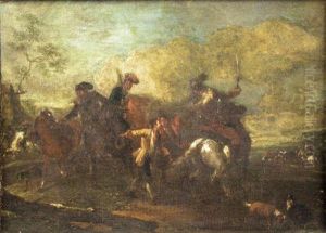 Horsemen And Other Figures In An Open Landscape by Jan von Huchtenburgh