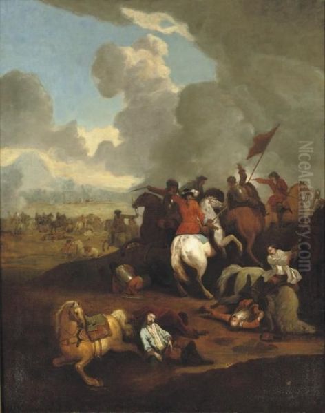 A Cavalry Skirmish In An Extensive Hilly Landscape - view 1
