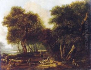 A Stag Hunt In A Wooded Landscape by Jan von Huchtenburgh