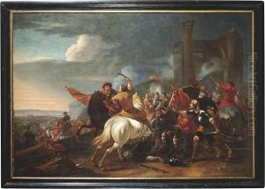 A Cavalry Skirmish Next To Roman Ruins. Oil/canvas/canvas by Jan von Huchtenburgh