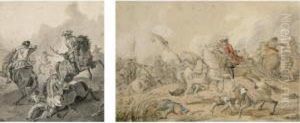 A Cavalry Battle Scene, With A Fallen Horse And Soldier In The Foreground by Jan von Huchtenburgh