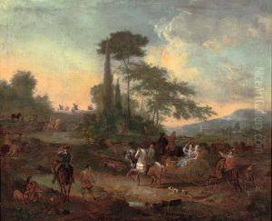 A Falconry Hunt In A Wooded Landscape With An Elegant Party In A Horse-drawn Carriage