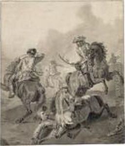 Cavalry In Battle, With A Fallen Horse And Soldier In The Foreground by Jan von Huchtenburgh