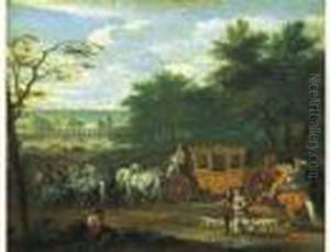 Louis Xiv Arrivant Au Chateau, Probablement De Vincennes by Jan von Huchtenburgh