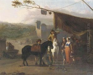 Travellers On Horseback Taking 
Refreshments At An Encampment Near Afortified Town, A Water-basin With 
Horses Drinking Nearby