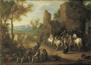 Sosta Di Cavalieri E Soldati Presso Un Casolare by Jan von Huchtenburgh