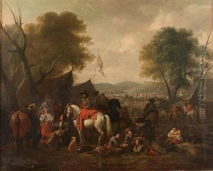 Soldiers And Horsemen Resting In A Military Encampment