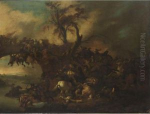 A Cavalry Battle Scene Near A Bridge