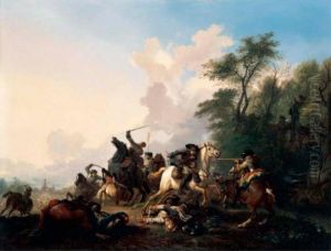 A Cavalry Skirmish In A Wooded Landscape