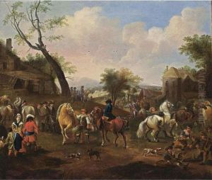 Horsemen Together With Other 
Horses And Soldiers In A Village, Children Playing In The Foreground by Jan von Huchtenburgh