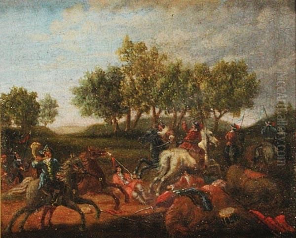 Jan Van Huchtenburg , Cerchia 
Di. Scontro Di Cavalieri. Interessante, Piccolo Dipinto Ad Olio Su 
Tavoletta. Cornice. Cm. 15x18 - view 1