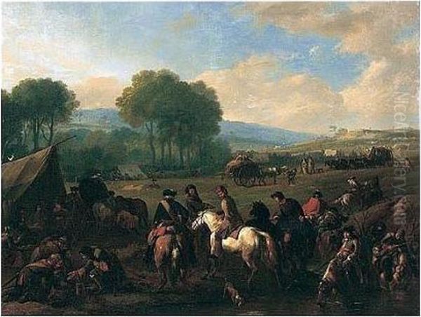 A Military Encampment In An Open Landscape With Cavaliers Conversing By A Pool - view 1