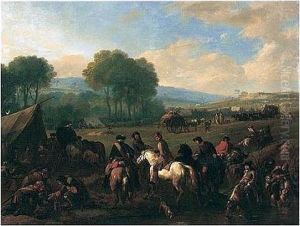 A Military Encampment In An Open Landscape With Cavaliers Conversing By A Pool