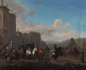 A Hunting Party By A Fountain Outside A Mansion