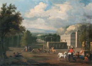 A View Of A Country Mansion With
A Riding School, A Traveller At Afountain In The Foreground by Jan von Huchtenburgh