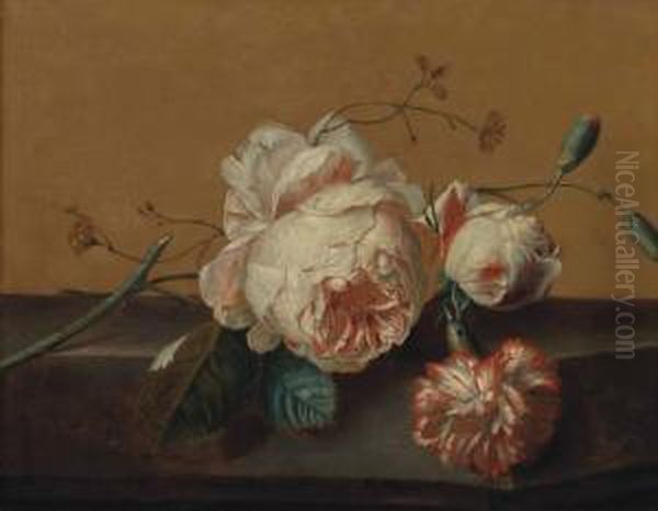 Flourishing Pink Roses And Rosebuds On A Stone Ledge - view 1