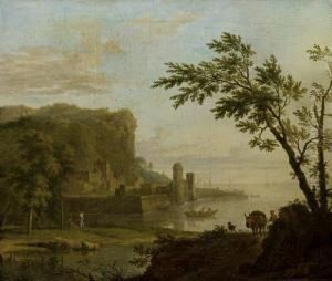 A Coastal Landscape With A 
Traveller And His Horse On A Path, A Walled Port In The Distance