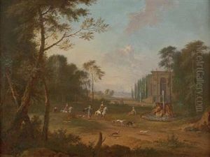 Klassische Landschaft Mit Reitern Und Brunnen by Jan Van Huysum