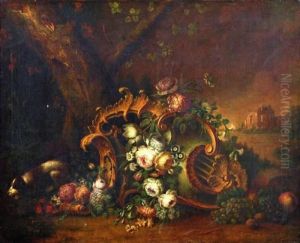 Stilleven Met Bloemen In Cartouche, Een Ruine Op De Achtergrond Stilleven Met Bloemen In Cartouche, Een Ruine Op De Achtergrond