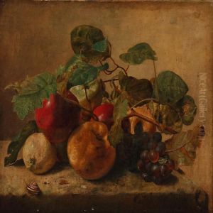 Still Life With Apples, Grapes And A Snail On A Plinth by Jan Van Huysum