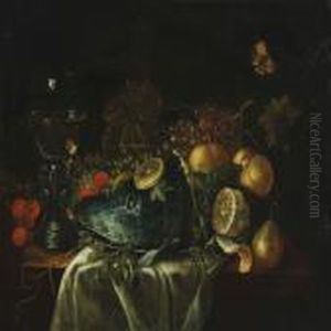 Still Life With Fish, Fruits And Wine Glass On A Table by Jan Van Huysum