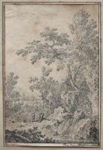 A Landscape With Figures On A Bank Near A Waterfall A Landscape With Figures On A Bank Near A Waterfall